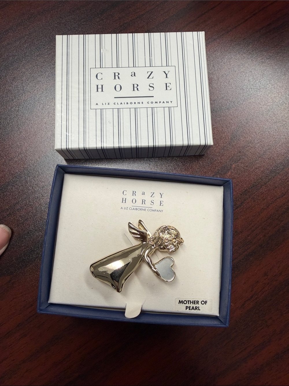 Liz Claiborne Gold Angel Brooch with Mother-of-Pearl Heart